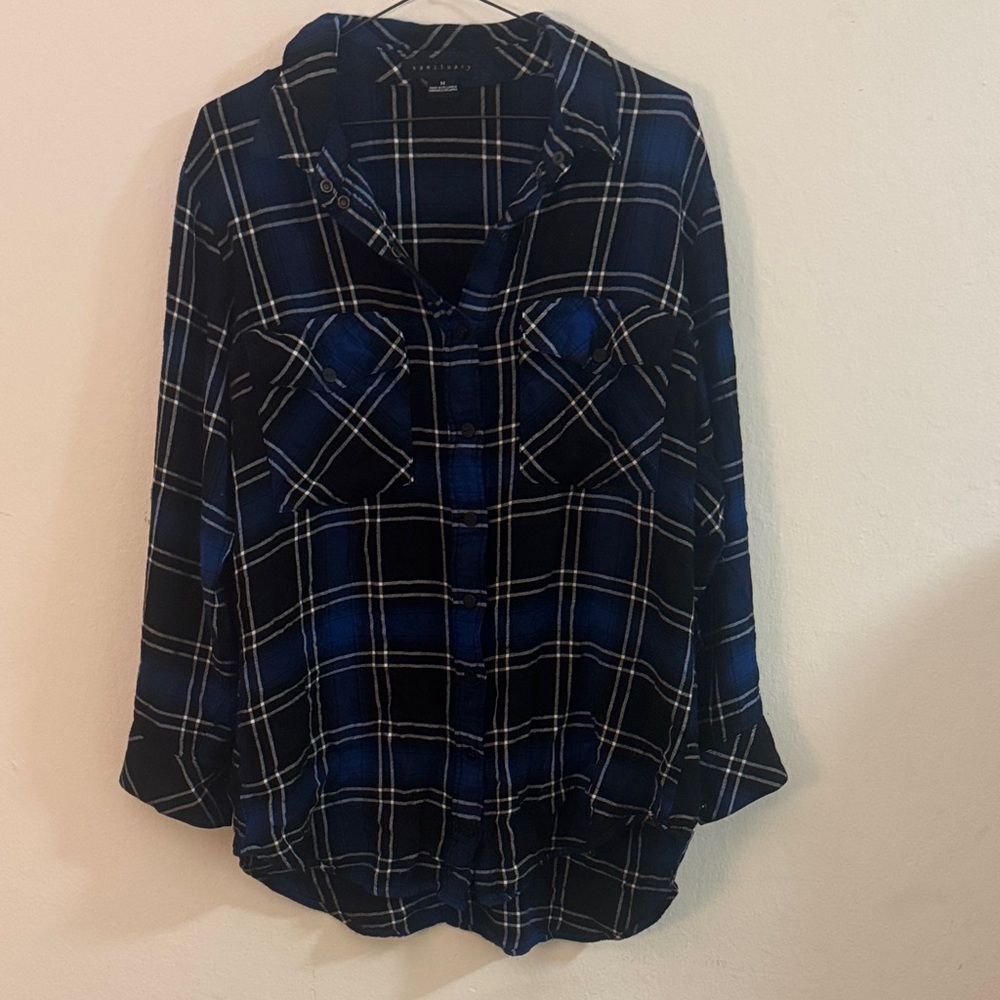 Sanctuary Blue and Black Plaid Button-Up Shirt